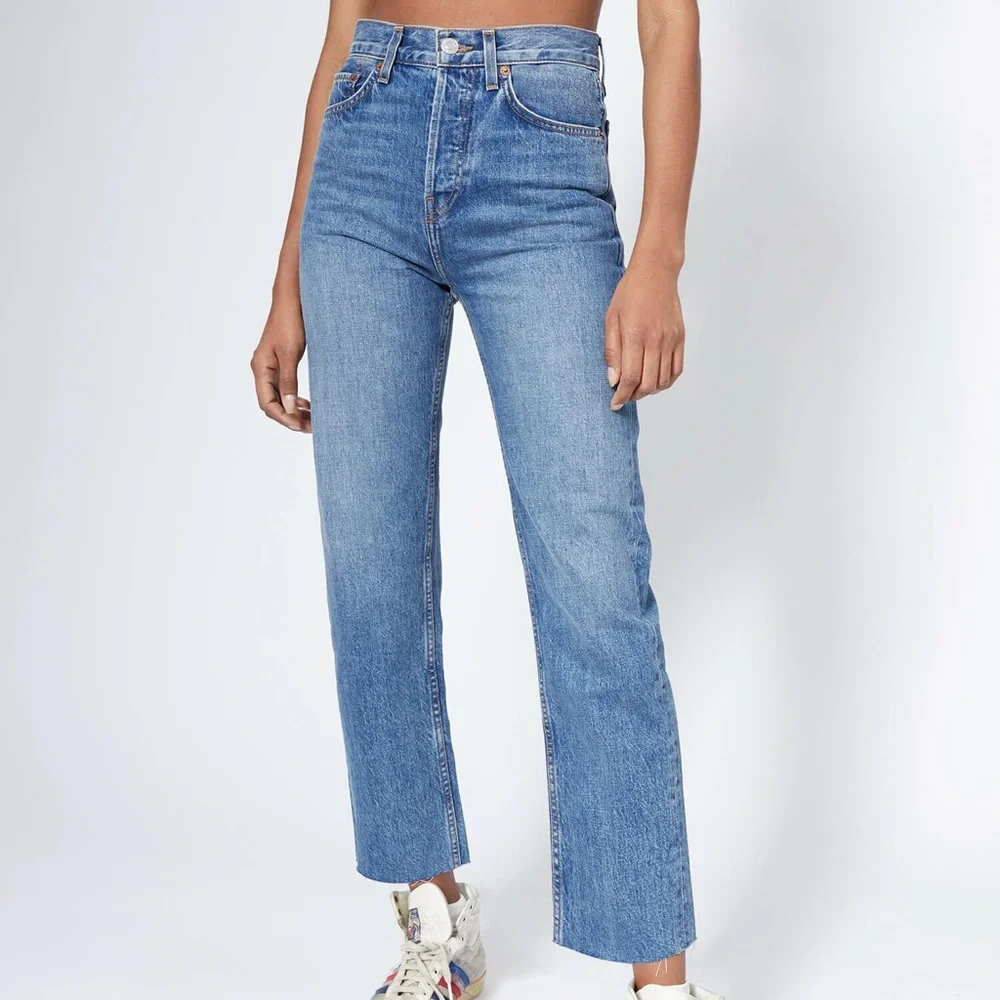 Re Done high rise stove pipe raw frayed hem denim jeans